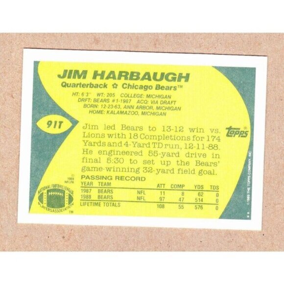 Jim Harbaugh 1989 Topps Rookie card #91T Head Coach Mint San Diego Chargers - Picture 2 of 2